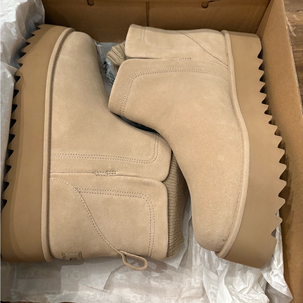 UGG Women’s Ultra Mini Sock’d Platform Beige Suede Boots
